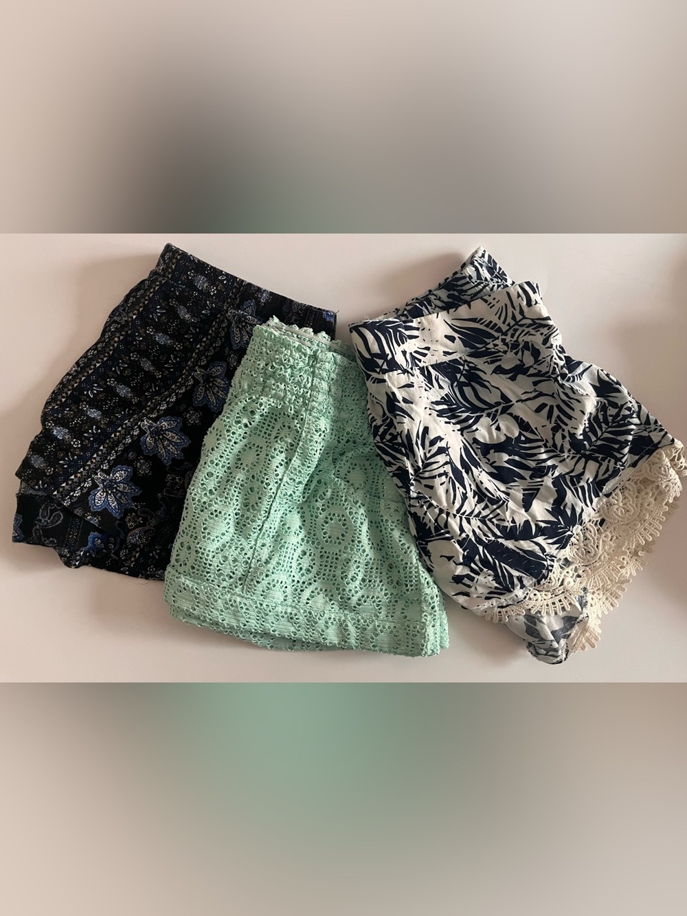 3 PR Boho Summer Shorts Bundle - Crochet & Tropical Navy